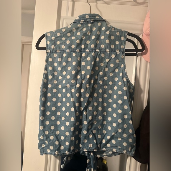 Forever 21 F21 Blue Denim Polka Dot Tie Collared Shirt Top Button Down Women L - Picture 3 of 3